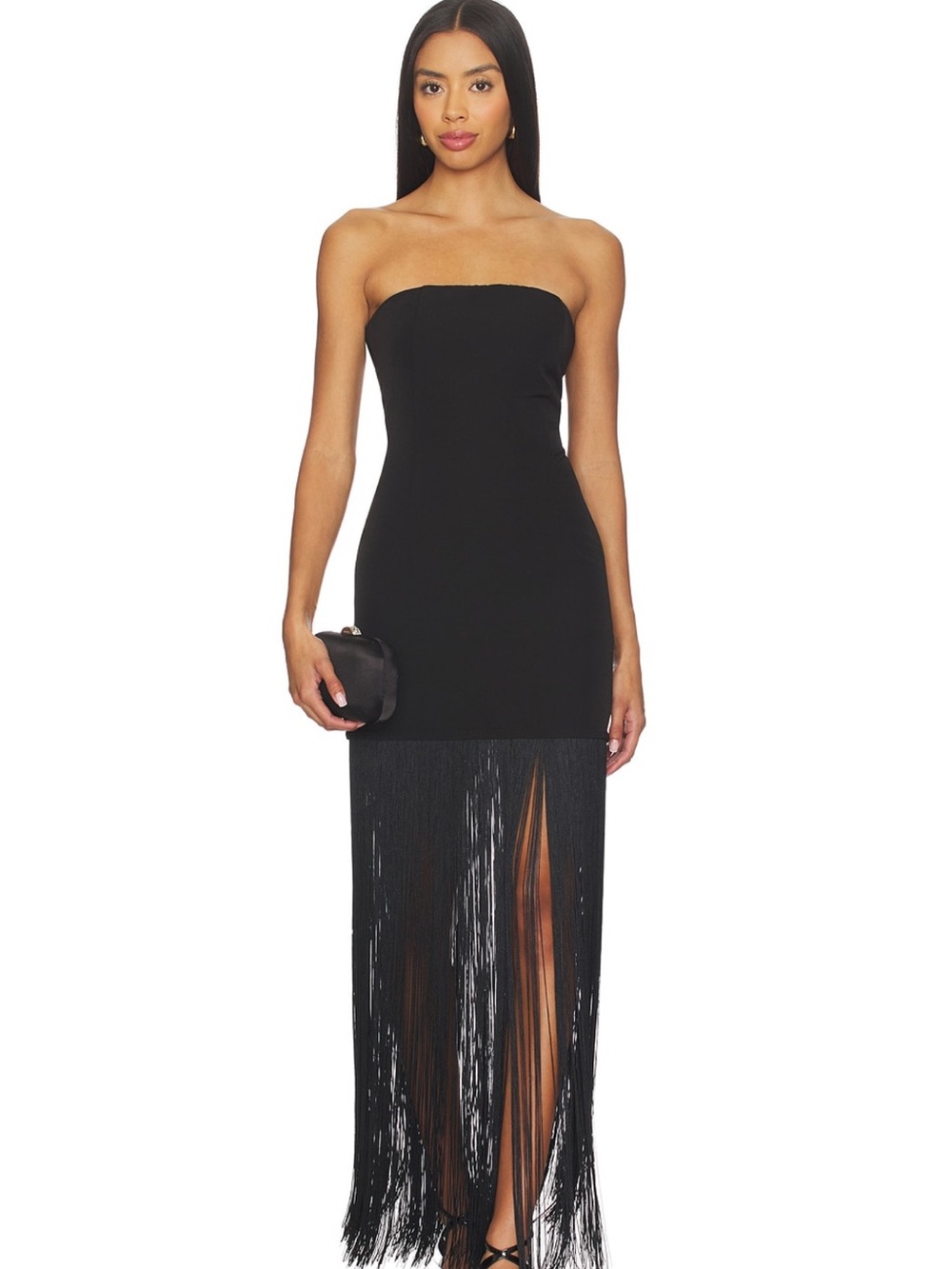 Elegant Strapless Black Fringe Maxi Dress